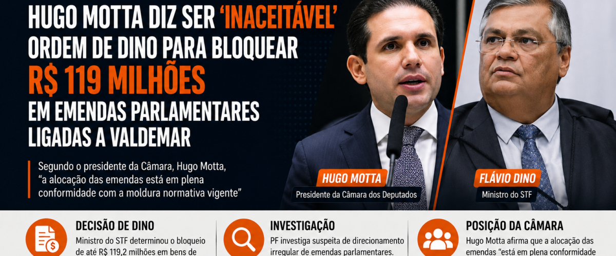 Hugo Motta critica decisão de Flávio Dino sobre bloqueio de emendas ligadas a Valdemar
